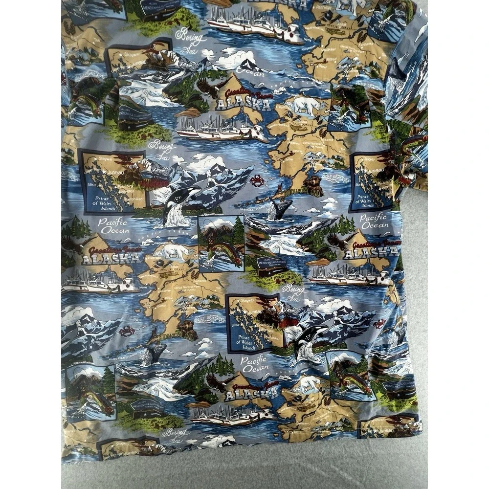 David Carey Alaska Hawaiian Shirt Mens 4XL Blue Map Print Button Up‎